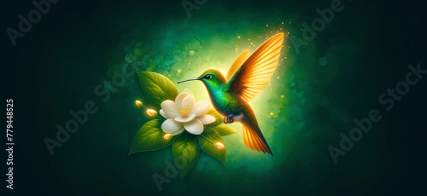 Obraz  Hummingbird in Flight with Tropical Wild Nature Flowers on Green Abstract Texturized Degradé and Bokeh Background