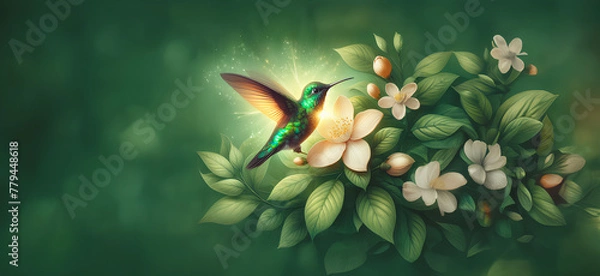 Obraz  Hummingbird in Flight with Tropical Wild Nature Flowers on Green Abstract Texturized Degradé and Bokeh Background