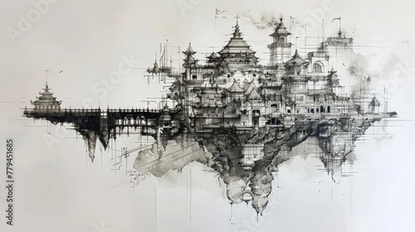 Obraz A dream-like sketch of a floating palace  AI generated illustration