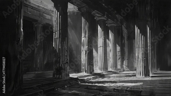 Obraz A monochromatic study of a Greek temple  AI generated illustration