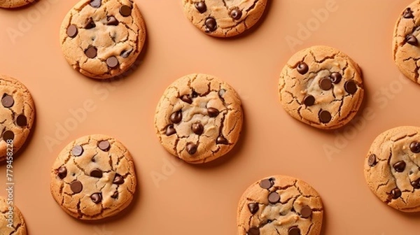 Obraz Realistic chocolate chip cookies apart from each other photo pattern, flat color background, isometric, view from top
