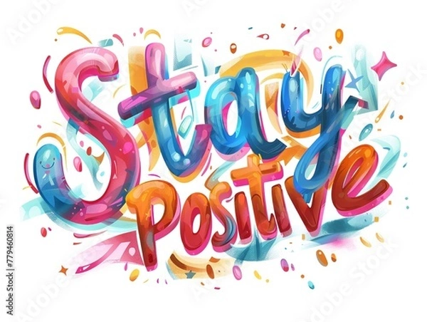Obraz "Stay Positive" in vibrant, colorful letters, isolated on white, digital design, uplifting vibe.