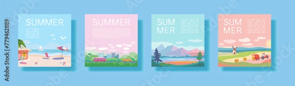 Fototapeta Set of summer travel and vacation posters. Landscapes of sea resorts, mountains and fields. Road with trees and transport near the city. Template for poster, web page or banner. Flat vector