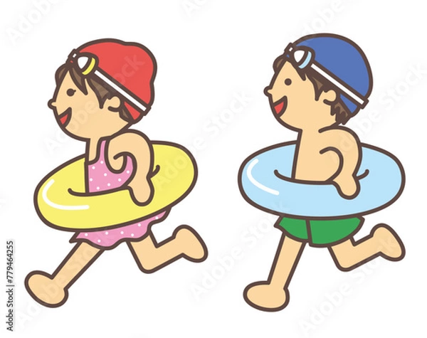 Obraz 水着を着て嬉しそうに走る男の子と女の子