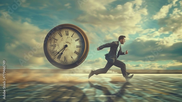 Obraz A businessman racing against time, running with a large circular clock chasing him