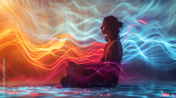 Fototapeta A tranquil figure is immersed in meditation, surrounded by a mesmerizing spectrum of light waves that symbolize mental clarity and calm