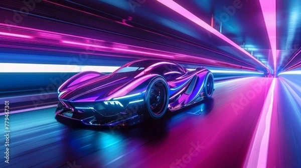 Obraz A sleek and futuristic concept car speeding down a neon-lit highway  AI generated illustration