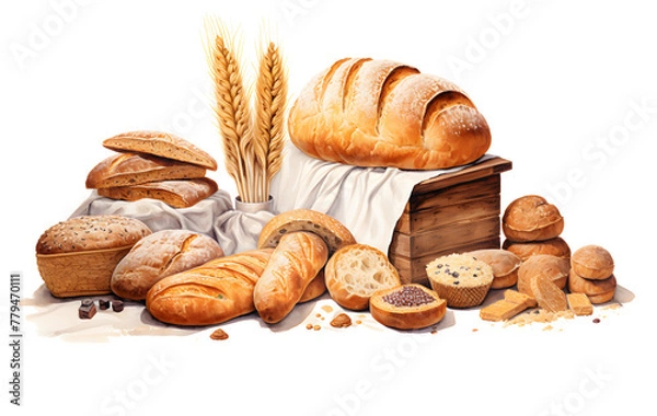 Fototapeta Various sweet breads and slices of bakery or pastries, isolated cartoon vector set of bakery products. translucent background