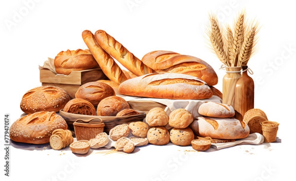 Fototapeta Various sweet breads and slices of bakery or pastries, isolated cartoon vector set of bakery products. translucent background