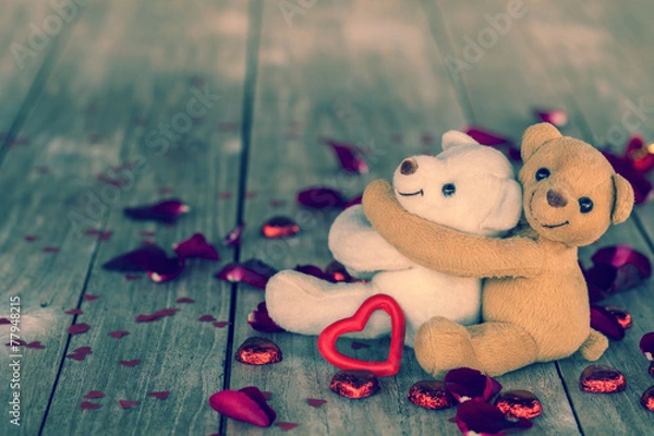 Fototapeta hug teddy bears for happy valentines  day on wood background, vi