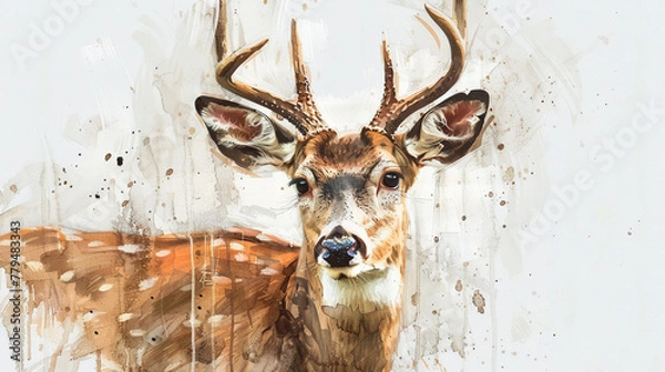 Fototapeta Deer in painted  on canvas Isolated on white background.