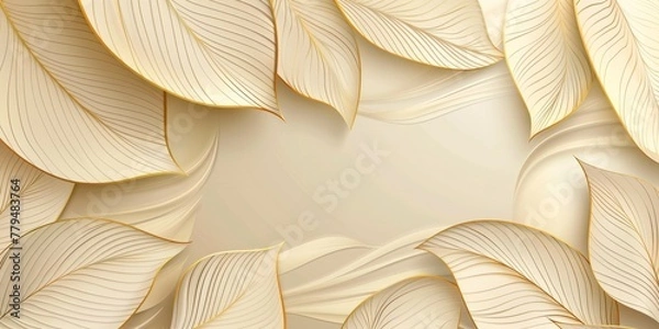 Fototapeta Luxurious cream wavy background with leaf intricate golden line elements.