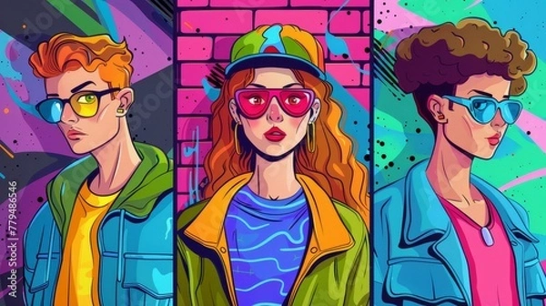 Obraz Cartoon-style characters in a pop art inspired setting  AI generated illustration