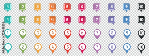 Fototapeta Button Map Pointer Set With Number Bullet Point From 1 To 10 - Vector Illustration Isolated On Transparent Background
