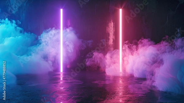 Fototapeta Two neon lights with smoke isolated on black background