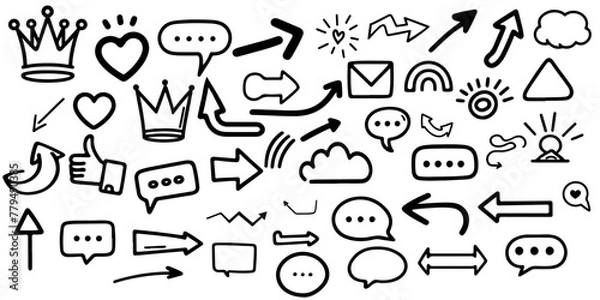 Fototapeta Hand drawn design elements set to decorative black line icon outline doodle vector illustration