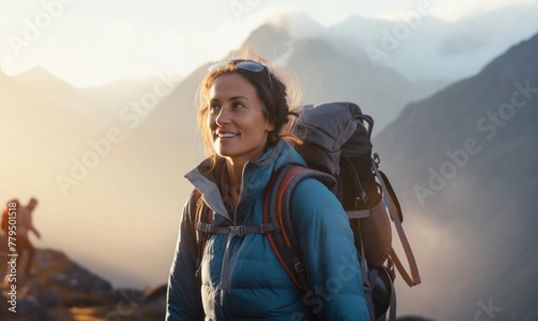 Fototapeta Female hiker traveling, walking alone in Himalayas under sunset light. Woman traveler enjoys with backpack hiking in mountains. Travel, adventure, relax, recharge concept..