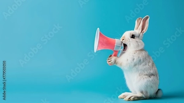 Fototapeta A whimsical depiction of a crazy cute Easter bunny energetically shouting through a megaphone against a vibrant blue background