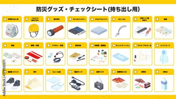 Obraz アイソメトリックで描いた防災グッズのチェックシート