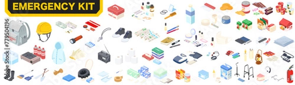 Obraz アイソメトリックで描いた防災グッズのイラストセット