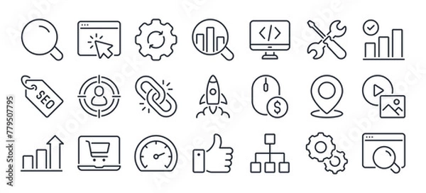 Fototapeta SEO Search Engine Optimization editable stroke outline icons set isolated on white background flat vector illustration. Pixel perfect. 64 x 64.