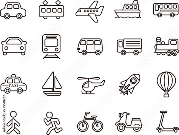 Obraz かわいいシンプルな交通、乗り物アイコンセット(線画)