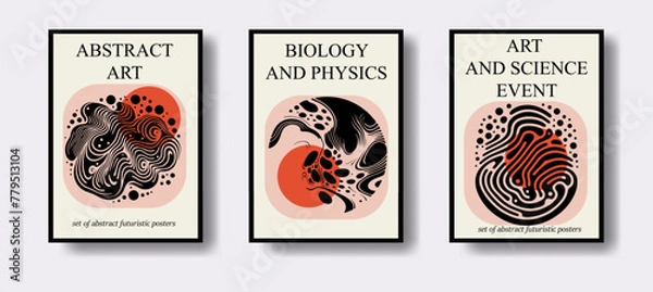 Fototapeta Set of poster templates for science event with futuristic surreal design, black and white liquid shapes and forms.
