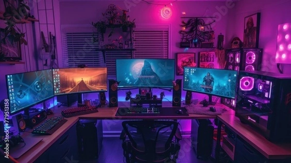 Fototapeta Powerful Personal Computer Gamer Rig with First-Person Shooter Game on Screen. Monitor Stands on the Table at Home. Cozy Room with Modern Design is Lit with Warm and Neon Light