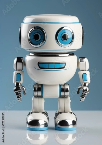 Obraz A white and blue robot with big eyes on a table. Generative AI.