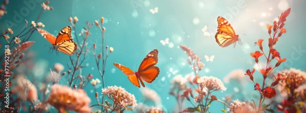 Fototapeta Beautiful nature background with flying butterflies and flowers on a turquoise blue background
