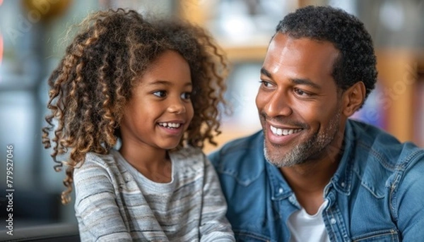 Obraz Smiling African American father and daughter looking at each other