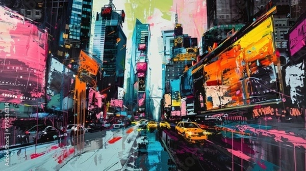 Fototapeta A contemporary cityscape rendered in bold colors and sharp lines, capturing the energy and vibrancy of urban life on canvas.