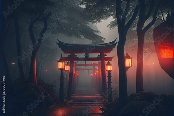 Obraz AI generated illustration of hyper-realistic torii gates and lit lanterns in the evening