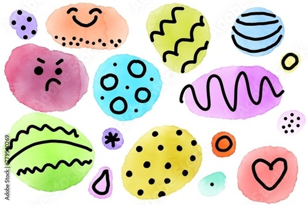 Fototapeta Funny cartoon wallpaper. Doodle drawing design. Multicolor bright round watercolor spots with different black ornament and dots. Abstract shapes on a white background. Simple naive children’s art. 
