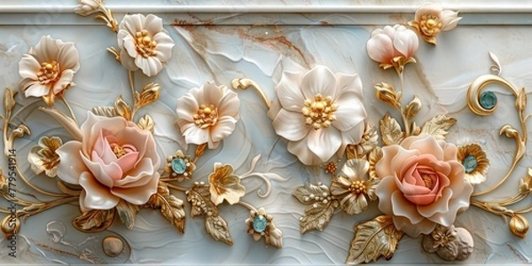 Fototapeta Soft colored marble mural featuring golden flowers  on a white background.