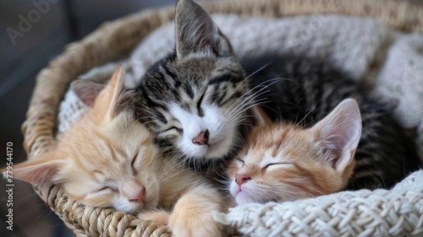 Obraz Irresistible kittens cuddled up in a basket  AI generated illustration