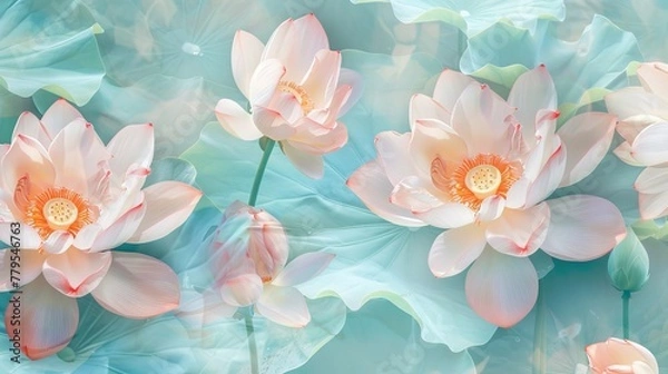 Fototapeta Serene lotus flowers in a tranquil pattern  AI generated illustration