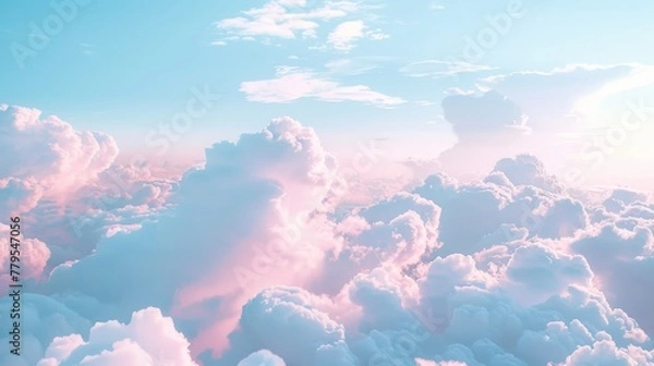 Fototapeta Soft fluffy clouds in a cotton candy sky  AI generated illustration