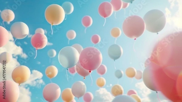Fototapeta Soft pastel balloons floating in the sky  AI generated illustration