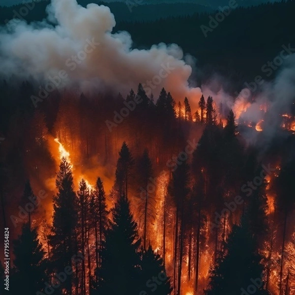 Fototapeta Drone shot of trees in flames, forest fires destroying and causing air pollution, dark summer night