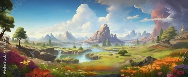 Fototapeta AI generated illustration of a vibrant floral landscape with majestic mountains in an animated style