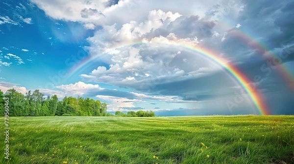 Fototapeta A vibrant rainbow stretching across a dramatic sky after a passing storm, casting colors over a peaceful meadow.