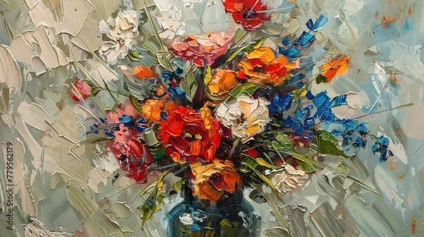 Fototapeta Bold oil paints applied with palette knives, creating a textured and dynamic floral still life composition.