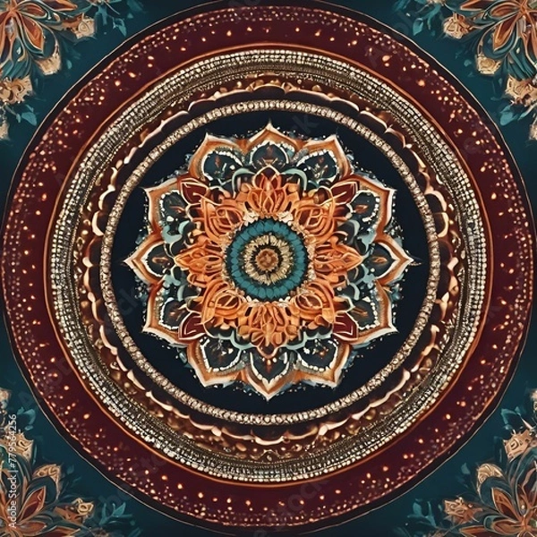Fototapeta AI generated illustration of floral tapestry with abundant flowers on blue and brown backdrop