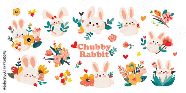 Fototapeta A pack of Chubby rabbit sticker collection. Set of isolated cute rabbits with flowers in colorful colors on transparent background. Cute doodle illustration with thick white offset outline.