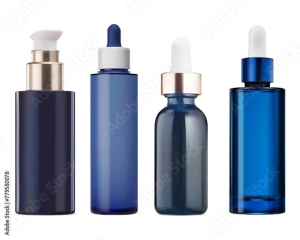 Obraz Serum dropper bottle mockup. Essential oil eyedropper flask, natural premium essence product. Blue glass packaging blank, small lotion bottle, vector isolated on white