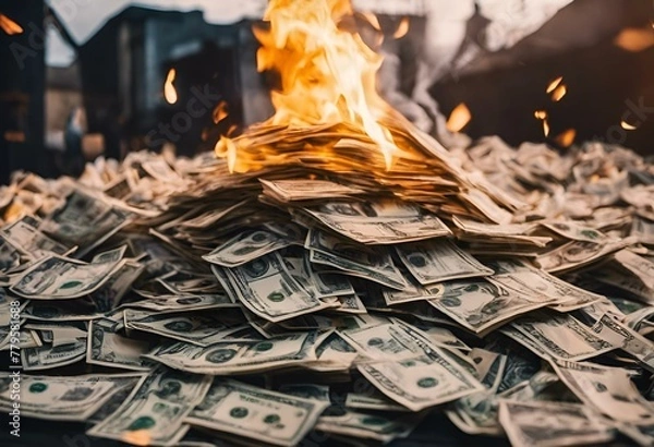 Obraz cash stacks on top of the pile with fire coming out