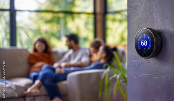 Obraz Modern Smart Thermostat and Relaxed Family - AI generated digital art