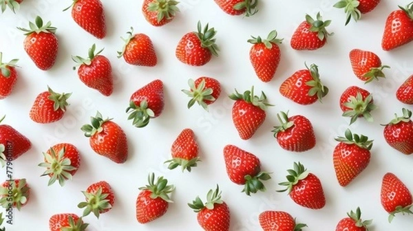 Fototapeta Top view of a strawberry pattern, fresh and inviting on a white background, perfect for a summer theme