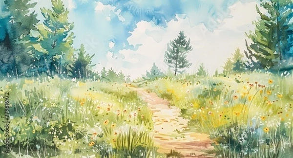 Fototapeta Watercolor painting of a flower field on the hill. Use for wallpaper, postcards, brochures or posters.